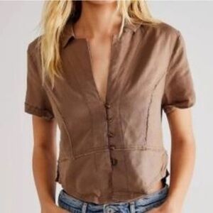 Free People Tan Button-Up Cropped Linen Shirt